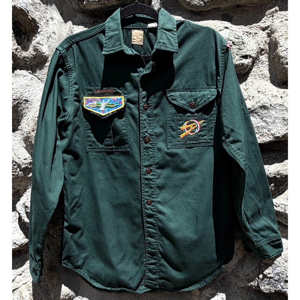 Vtg Boy Scouts Shirt Mens M Green Sanforized Brentwood NY Shinnecock 50s 60s